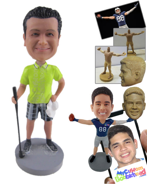 Attractive Golfer Dude Wearing T-Shirt and Shorts and Posing with Golf Club Personalized Bobblehead Attractive Golfer Dude Wearing T-Shirt and Shorts and Posing with Golf Club Personalized Bobblehead